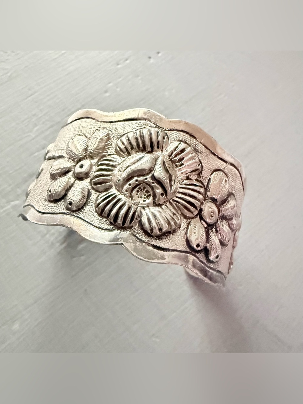 Artist Made Sterling Silver Floral Engraved Cuff Bracelet